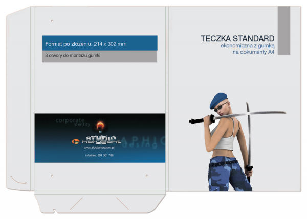 teczka standard ekonomiczna z gumką, 338 x 479 mm, druk pełnokolorowy 4+0, foliowana mat, kreda 350 g, 250 sztuk