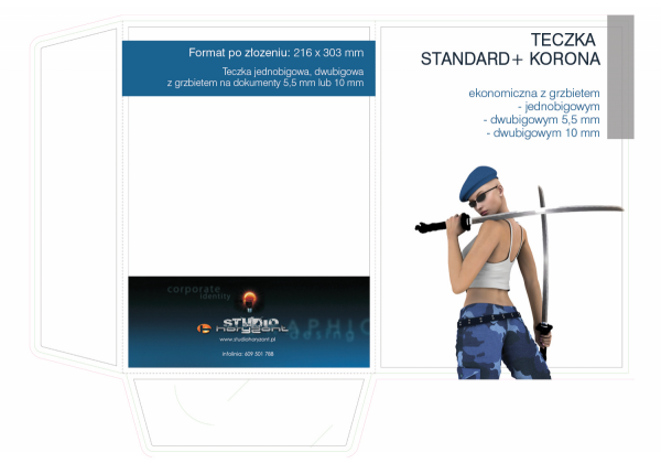 teczka Standard+ Korona, druk pełnokolorowy jednostronny 4+0, foliowane mat + uv, kreda mat 350 g, 250 sztuk