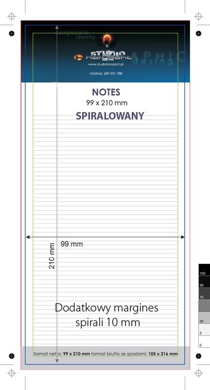 Notes spiralowany DL, druk jednostronny pełnokolorowy 4+0, Ilość kart: 25, Kreda mat 300 g (okładka foliowana) + Offset 80 g (Środek), Metalowa spirala - 100 sztuk