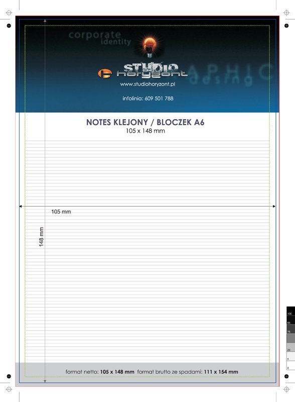 notes A6, druk pełnokolorowy jednostronny 4+0, na papierze offset 80 g, 25 kart, 400 sztuk