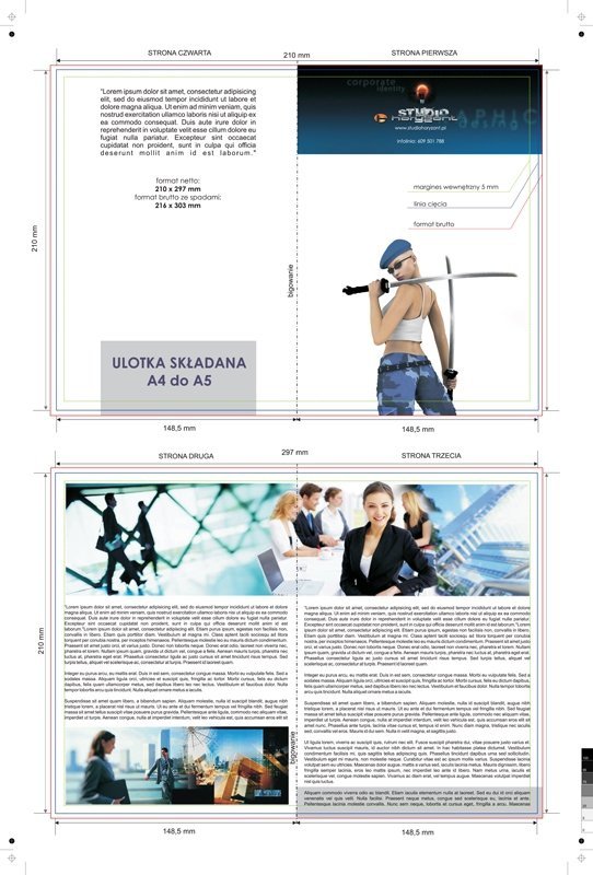 ulotka A4 składana do A5, druk pełnokolorowy obustronny 4+4, na papierze kredowym, 170 g, 75 sztuk  