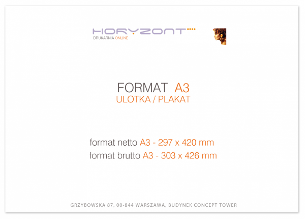 ulotka A3, druk pełnokolorowy obustronny 4+4, na papierze kredowym, 300 g, 2500 sztuk