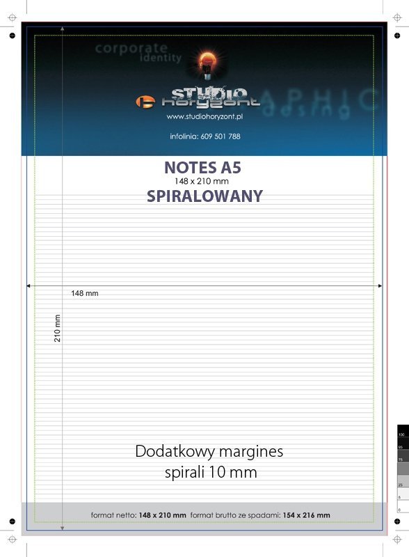 Notes spiralowany A5, druk jednostronny pełnokolorowy 4+0, Ilość kart: 100, Kreda mat 300 g (okładka foliowana) + Offset 80 g (Środek), Metalowa spirala - 200 sztuk