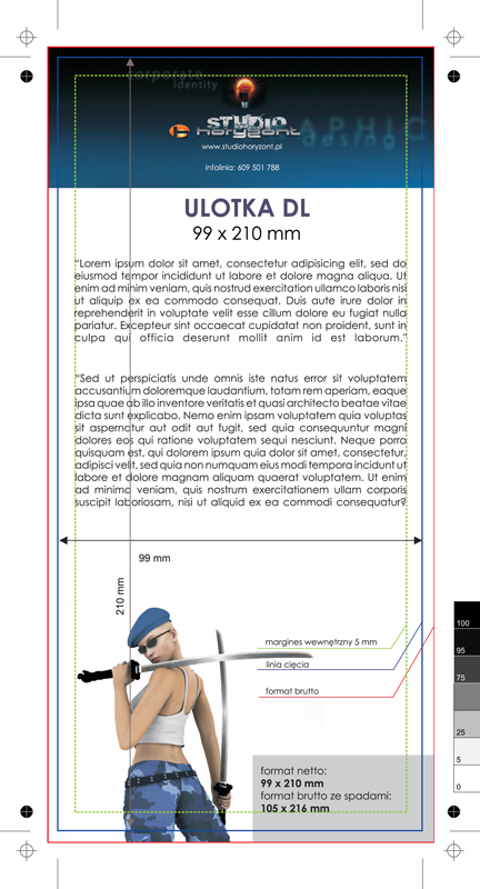 ulotka DL, druk pełnokolorowy obustronny 4+4, na papierze kredowym, 250 g, 10 sztuk