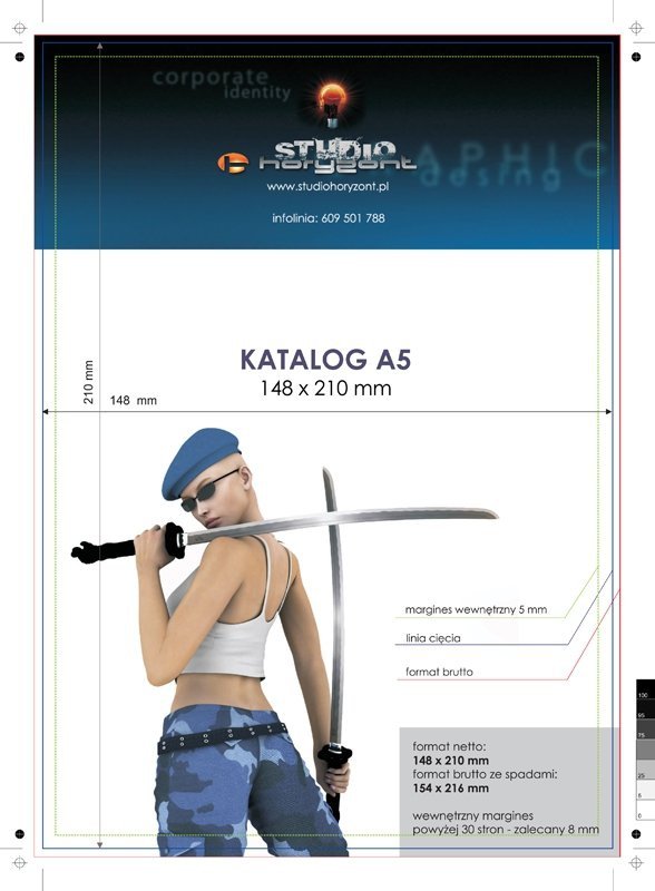 katalog A5, druk pełnokolorowy obustronny 4+4, na papierze kredowym, okładka - kreda 250 g + środki 130 g, 52 str., 250 sztuk