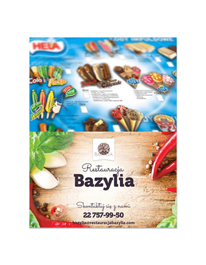 ulotka 2xDL składana do DL, druk pełnokolorowy obustronny 4+4, na papierze kredowym, 250 g, 150 sztuk