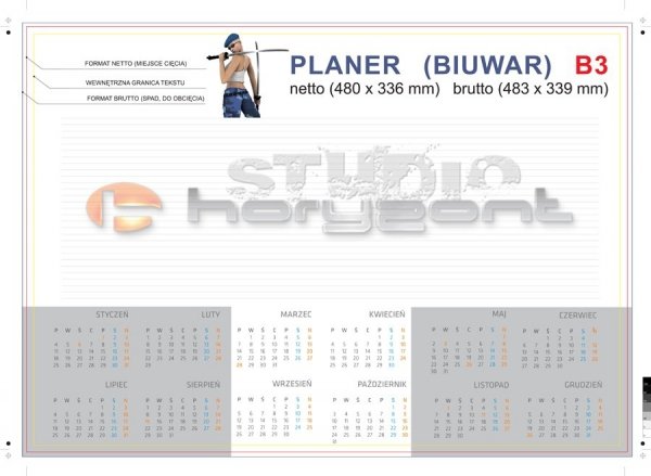 Podkład na biurko - biuwar B3 - 480 x 336 mm, offset 80g + karton na spód, 4+0, 26 kart, klejenie dolnej krawędzi - 600 sztuk