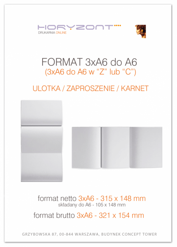 ulotka 3xA6 składana do A6, druk pełnokolorowy obustronny 4+4, na papierze kredowym, 130 g, 2500 sztuk