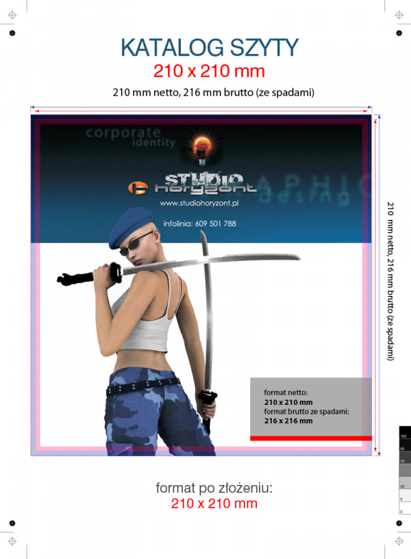 katalog 210 x 210 mm, druk pełnokolorowy obustronny 4+4, na papierze kredowym, kreda 170 g, 52 str., 250 sztuk