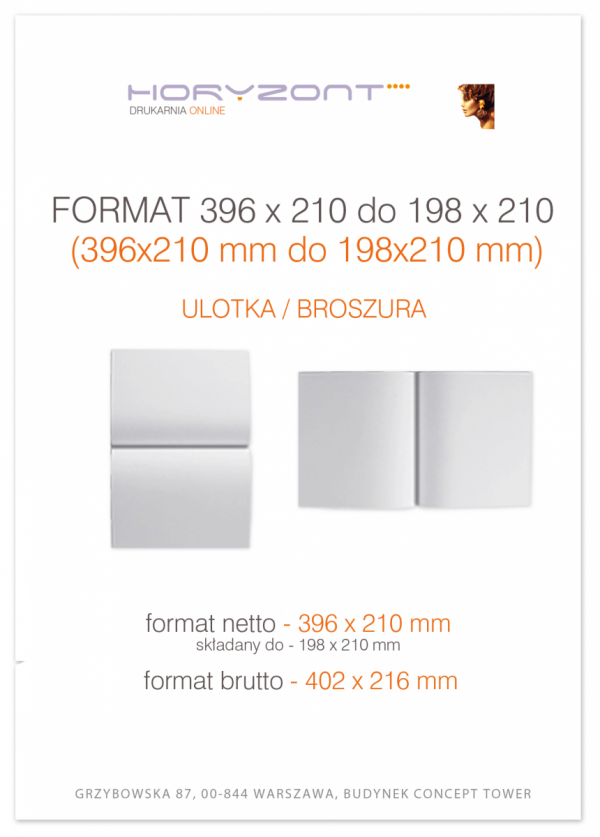 ulotka 396 x 210 składana do 198 x 210 mm, druk pełnokolorowy obustronny 4+4, na papierze kredowym, 170 g, 250 sztuk