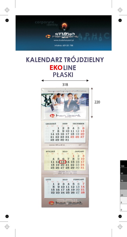 Kalendarz trójdzielny EKOLINE (płaski) bez koperty, druk jednostronny kolorowy (4+0), podkład - karton 300 g, 3 białe bloki, okienko - 300 sztuk