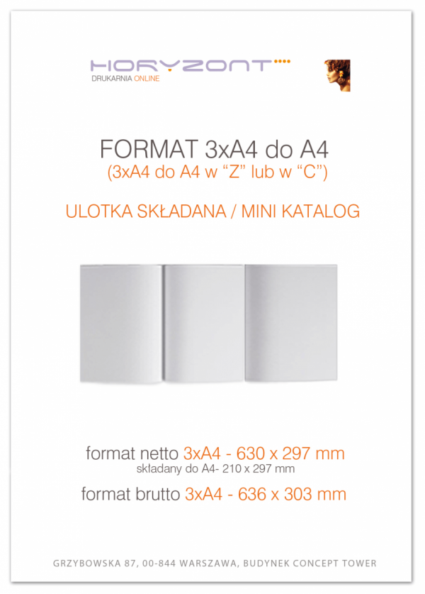 ulotka 3xA4 składana do A4, druk pełnokolorowy obustronny 4+4, na papierze kredowym, 170 g, 10 sztuk