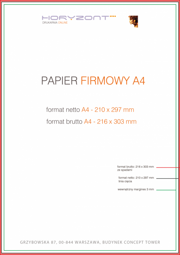 papier firmowy A4 / druk pełnokolorowy jednostronny 4+0, na papierze offset / preprint 90 g - 250 sztuk