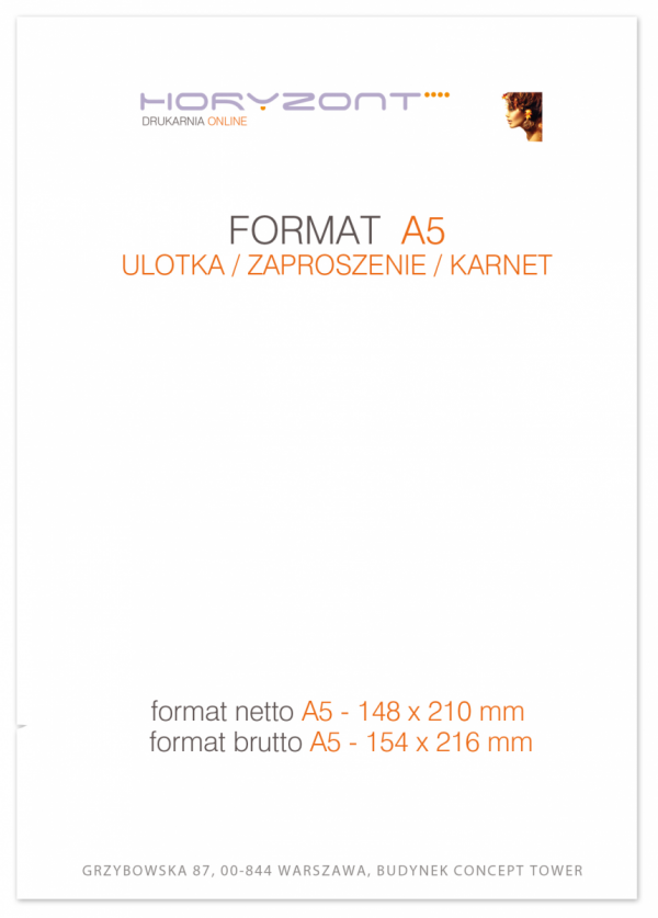 ulotka A5, druk pełnokolorowy obustronny 4+4, na papierze kredowym, 250 g, 2500 sztuk