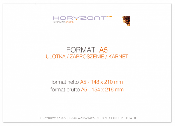 ulotka A5, druk pełnokolorowy obustronny 4+4, na papierze offsetowym 90 g, 400 sztuk