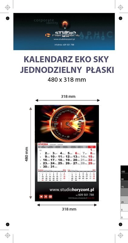 Kalendarz jednodzielny Eko Sky, płaski, druk jednostronny kolorowy (4+0), Folia błysk jednostronnie, Podkład - Karton 300 g, okienko czerwone - 500 sztuk