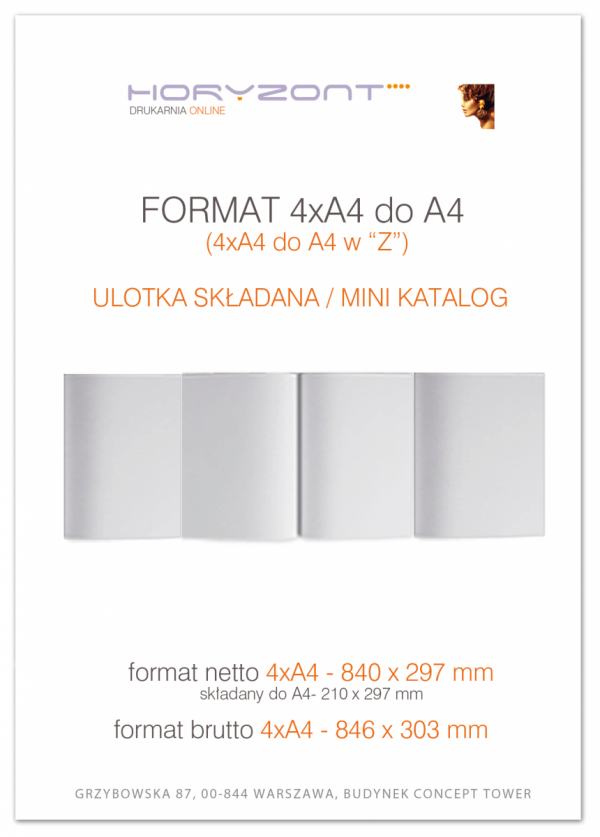 ulotka 4xA4 składana do A4, druk pełnokolorowy obustronny 4+4, na papierze kredowym, 300 g, 1000 sztuk