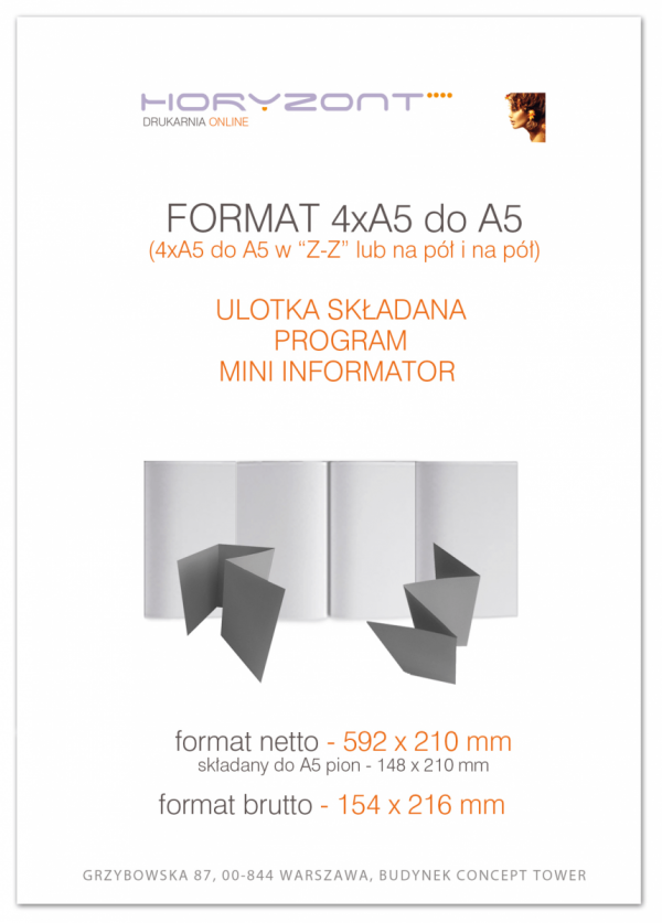 ulotka 4xA5 składana do A5, druk pełnokolorowy obustronny 4+4, na papierze kredowym, 250 g, 500 sztuk