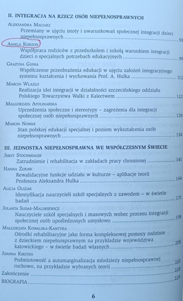 Spis treści książki 'Paradygmaty i przeobrażenia edukacji specjalnej w świetle dorobku profesora Aleksandra Hulka czesc 2