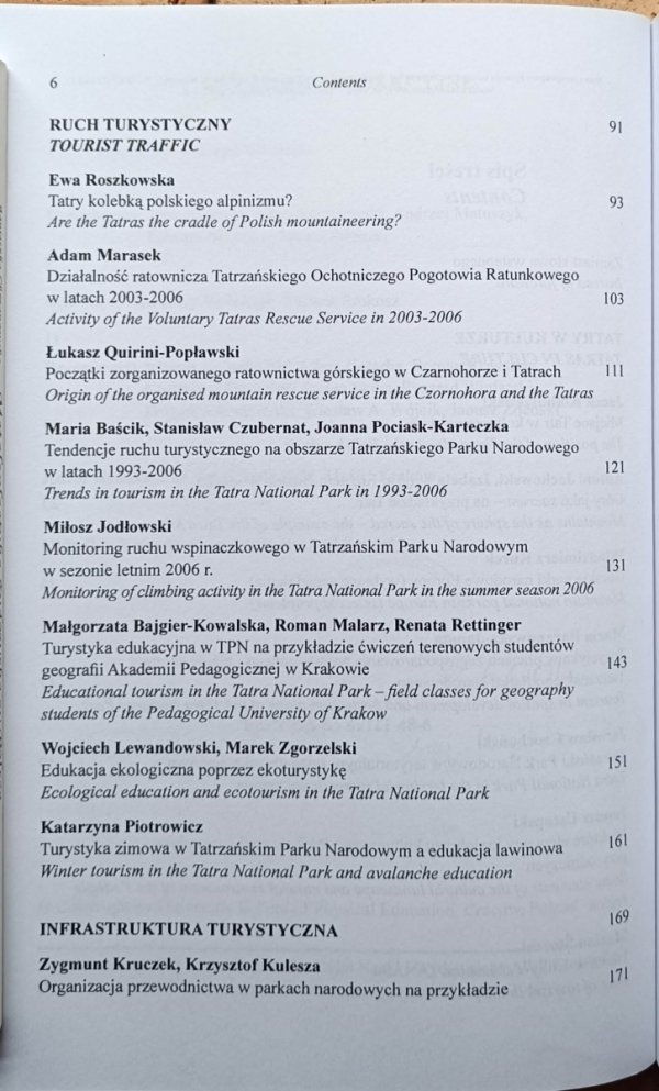 Joanna Pociask Karteczka • Stan i perspektywy rozwoju turystyki w  Tatrzańskim Parku Narodowym - spis treści