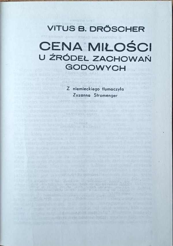 Vitus B. Droscher Cena miłości. U źródeł zachowań godowych - strona tytułowa