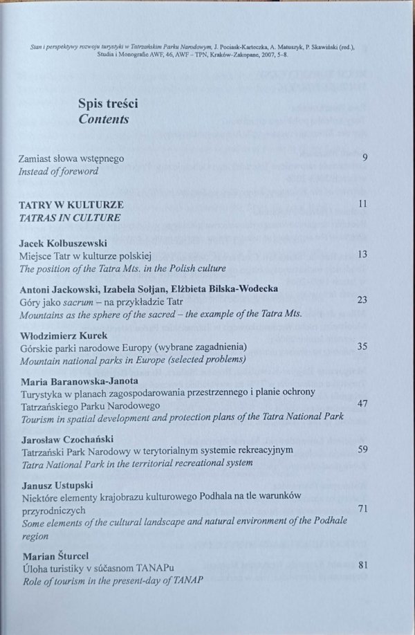 Joanna Pociask Karteczka • Stan i perspektywy rozwoju turystyki w  Tatrzańskim Parku Narodowym - spis treści