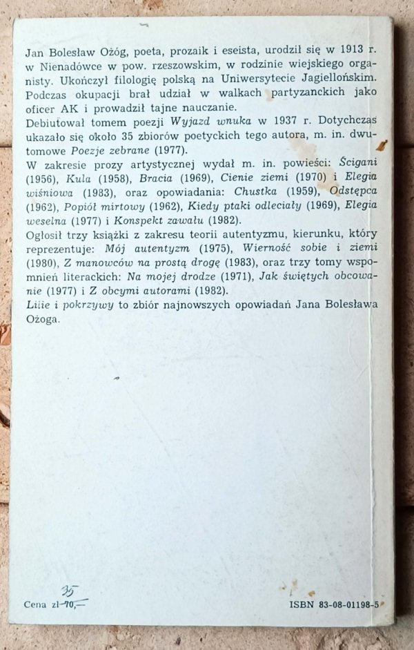 Jan Bolesław Ożóg  Lilie i pokrzywy - okładka