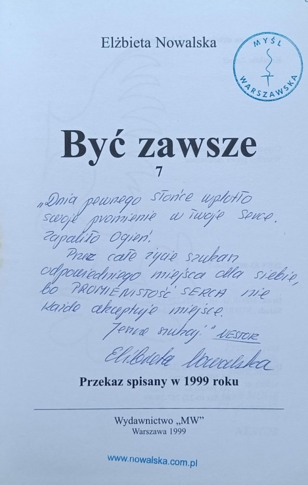 Elżbieta Nowalska  Być zawsze. Przekazy z innego wymiaru - dedykacja autorska