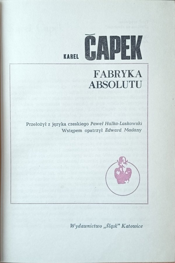 Karel Capek • Fabryka absolutu - strona tytułowa