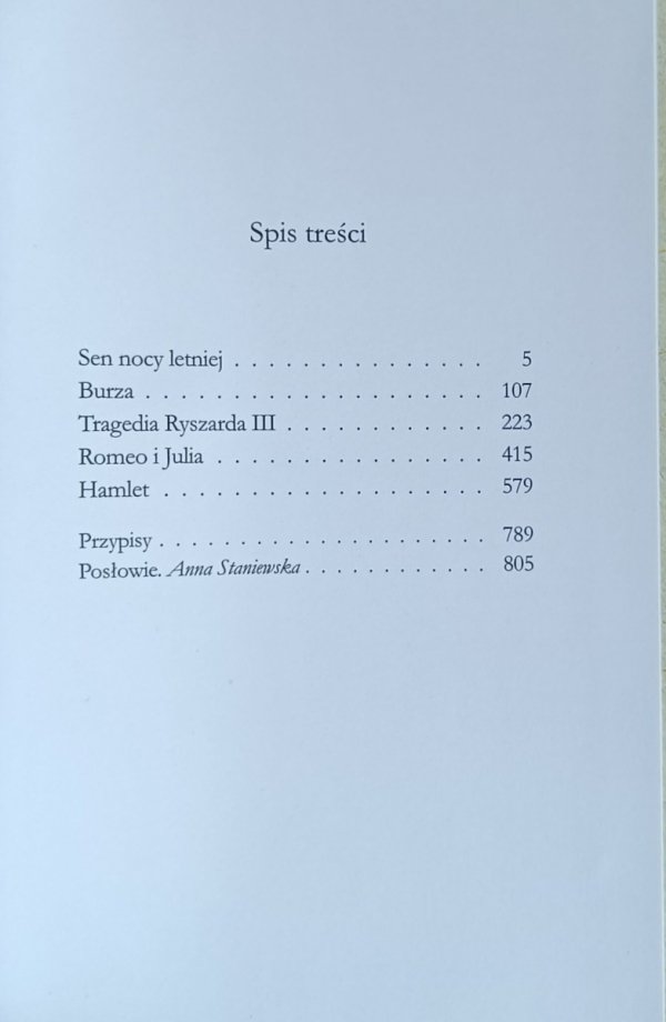 William Shakespeare / Szekspir - Pięć dramatów - spis treści