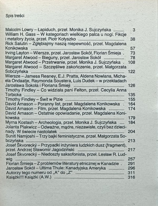  Literatura na Świecie 4/1990 (225) • Margaret Atwood, Malcolm Lowry - spis treści