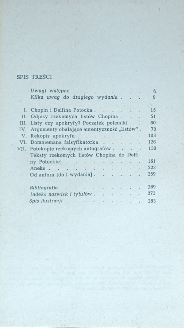 Jerzy Maria Smoter  Spór o listy Chopina do Delfiny Potockiej  - spis treści
