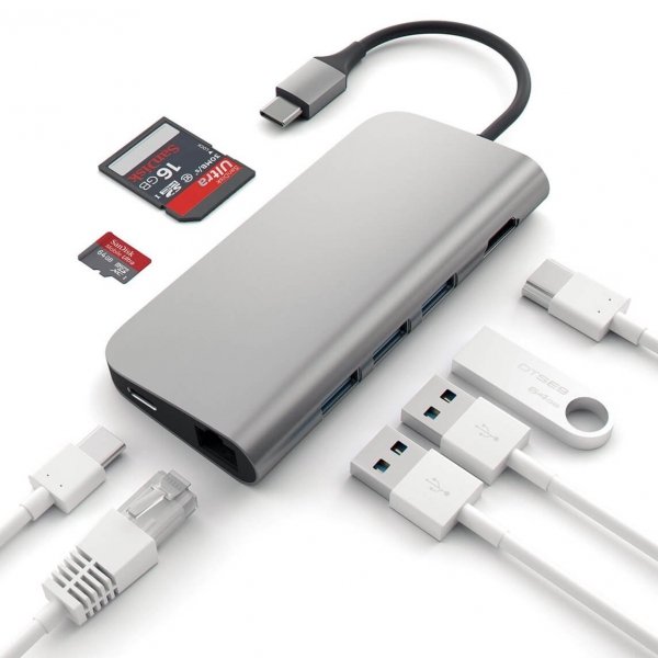 Satechi Multiport Ethernet USB-C HUB / Ethernet / 3xUSB 3.0 / HDMI / USB-C (PD) / SD / microSD Space Gray
