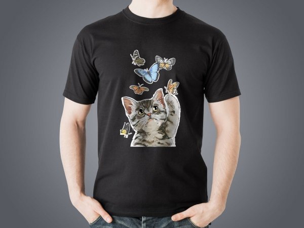 Koszulka-dziecieca-czarna-personalizowana-kot-z-motylami-Studioixpl