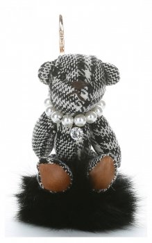 Přívěšek ke kabelce Káro medvídek v náhrdelníku z perel na pompomu černý