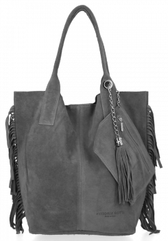 Modna Torebka Skórzana Zamszowy Shopper Bag w Stylu Boho firmy Vittoria Gotti Szara