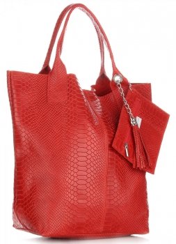 Włoskie Torebki skórzane typu Shopper bag Aligator Czerwona