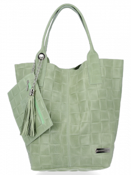 Modne Torebki Skórzane Shopper Bag XL z Etui firmy Vittoria Gotti Jasno Zielona