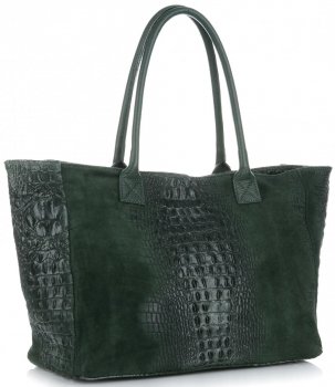 Duża Torba Skórzana z motywem Aligatora firmy Genuine Leather Butelkowa Zieleń