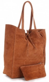 Modna Torba Skórzana ShopperBag z Etui Brązowa