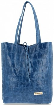 Vittoria Gotti Włoski Shopper XL Uniwersalna Torba Skórzana do noszenia na co dzień z modnym motywem Żółwia Jeans