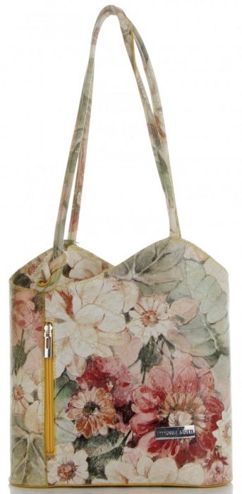 Uniwersalna Torebka Skórzana z funkcją plecaczka  firmy Vittoria Gotti Made in Italy we wzory Kwiatów Żółta