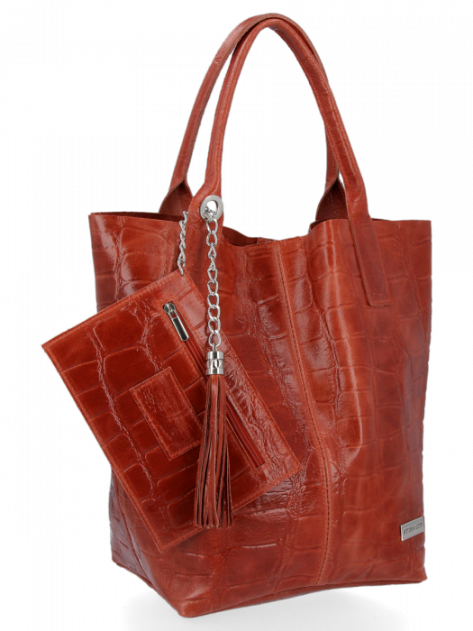 Uniwersalna Torebka Skórzana XL Shopper Bag w motyw zwierzęcy firmy Vittoria Gotti Brązowa