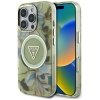 Etui Guess Glitter Flowers Triangle      Buttons MagSafe do iPhone 16 Pro zielony