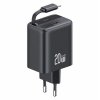USAMS Ład. siec. 1xUSB-C ze zwijanymkablem USB-C Retractable PD+QC 20W Gan Fast Charging czarny/black YC Series CC233TC01 (US-CC