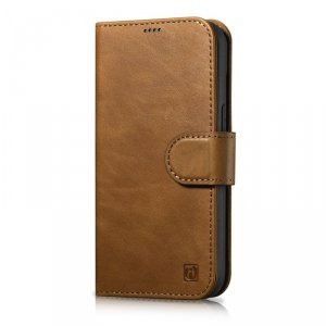 iCarer Oil Wax Wallet Case 2in1 etui iPhone 14 Plus skórzany pokrowiec z klapką Anti-RFID brązowy (WMI14220723-TN)