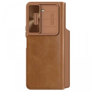Skórzane etui z klapką i osłoną aparatu do Samsung Galaxy Z Fold 5 Nillkin Qin Leather Pro - brązowy