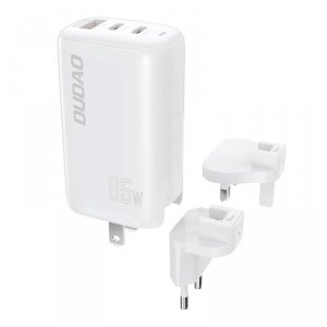 Dudao 3-portowa ładowarka GaN 3w1 (EU, US, UK) 2 x Typ C (PD) + USB (QC) 65W biała (A7PRO)
