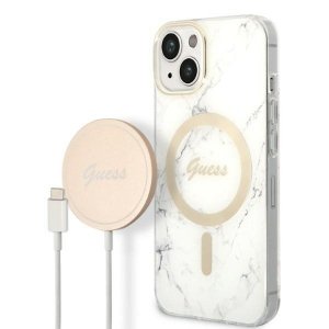 Zestaw Guess GUBPP14SHMEACSH Case+ Charger iPhone 14 / 15 / 13 6,1 biały/white hard case Marble MagSafe