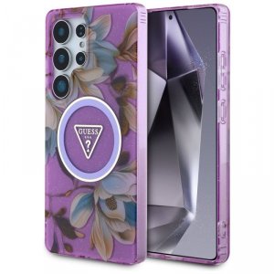 Etui Guess Glitter Flowers Triangle Buttons MagSafe do Samsung Galaxy S25 Ultra fioletowy